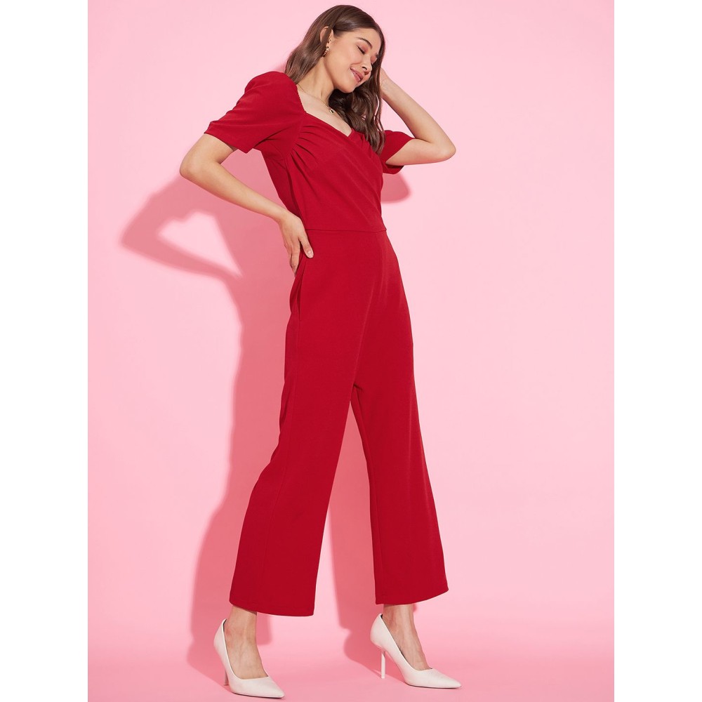 Elegant Red V-Neck Wide Leg Jumpsuit for Women