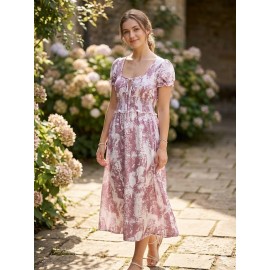 Blush Pink Floral Midi Dress with Puff Sleeves