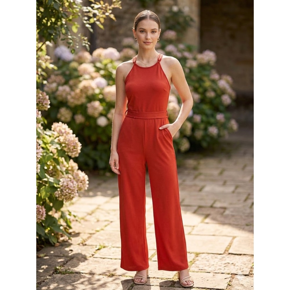 Elegant Red Halter Neck Wide Leg Jumpsuit for Women