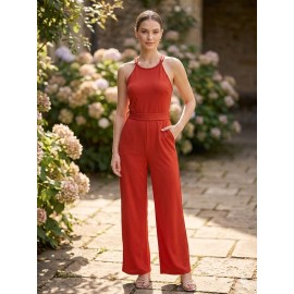 Elegant Red Halter Neck Wide Leg Jumpsuit for Women