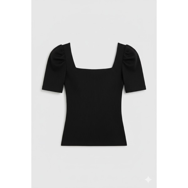 Black Square Neck Puff Sleeve Fitted Top for Women