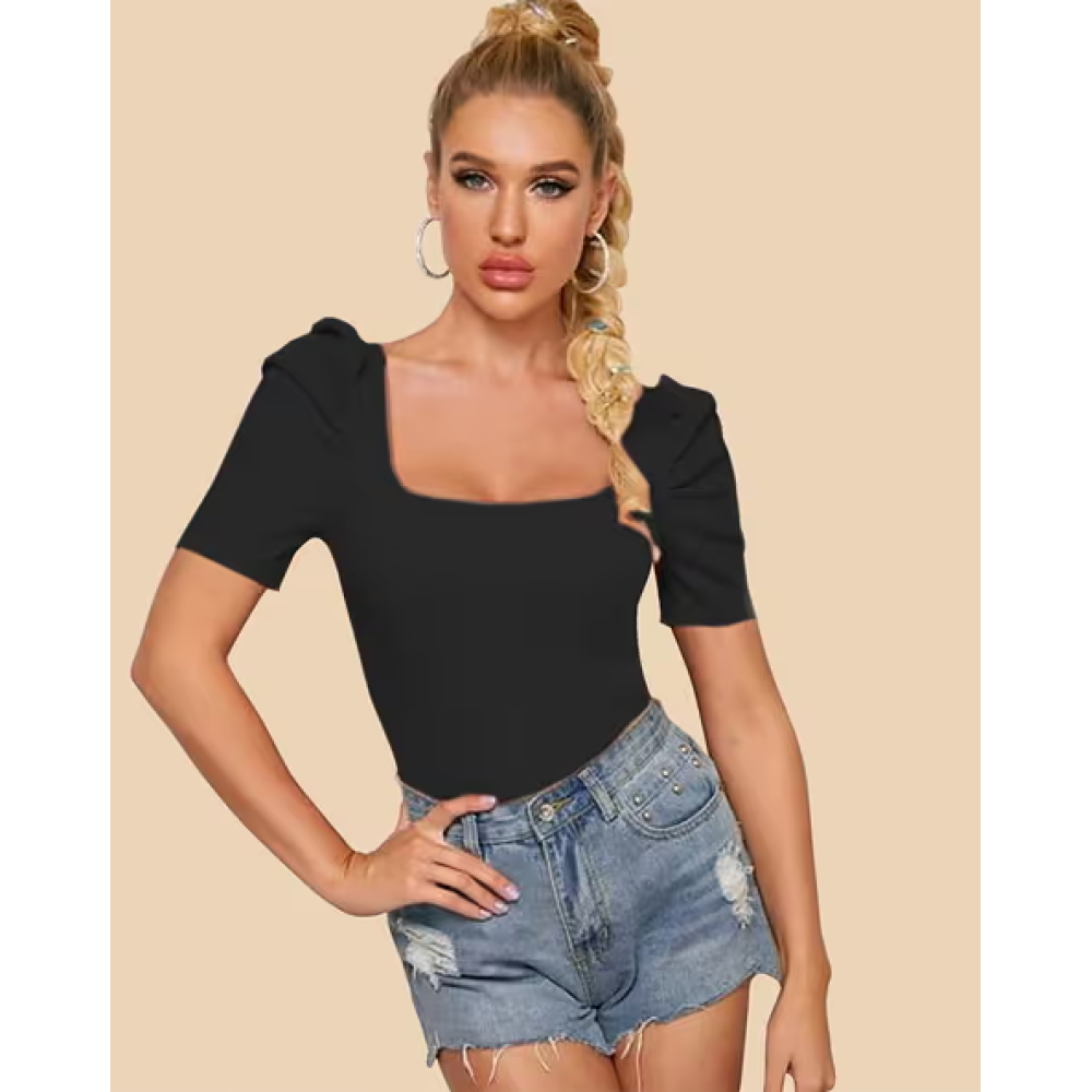 Black Square Neck Puff Sleeve Fitted Top for Women