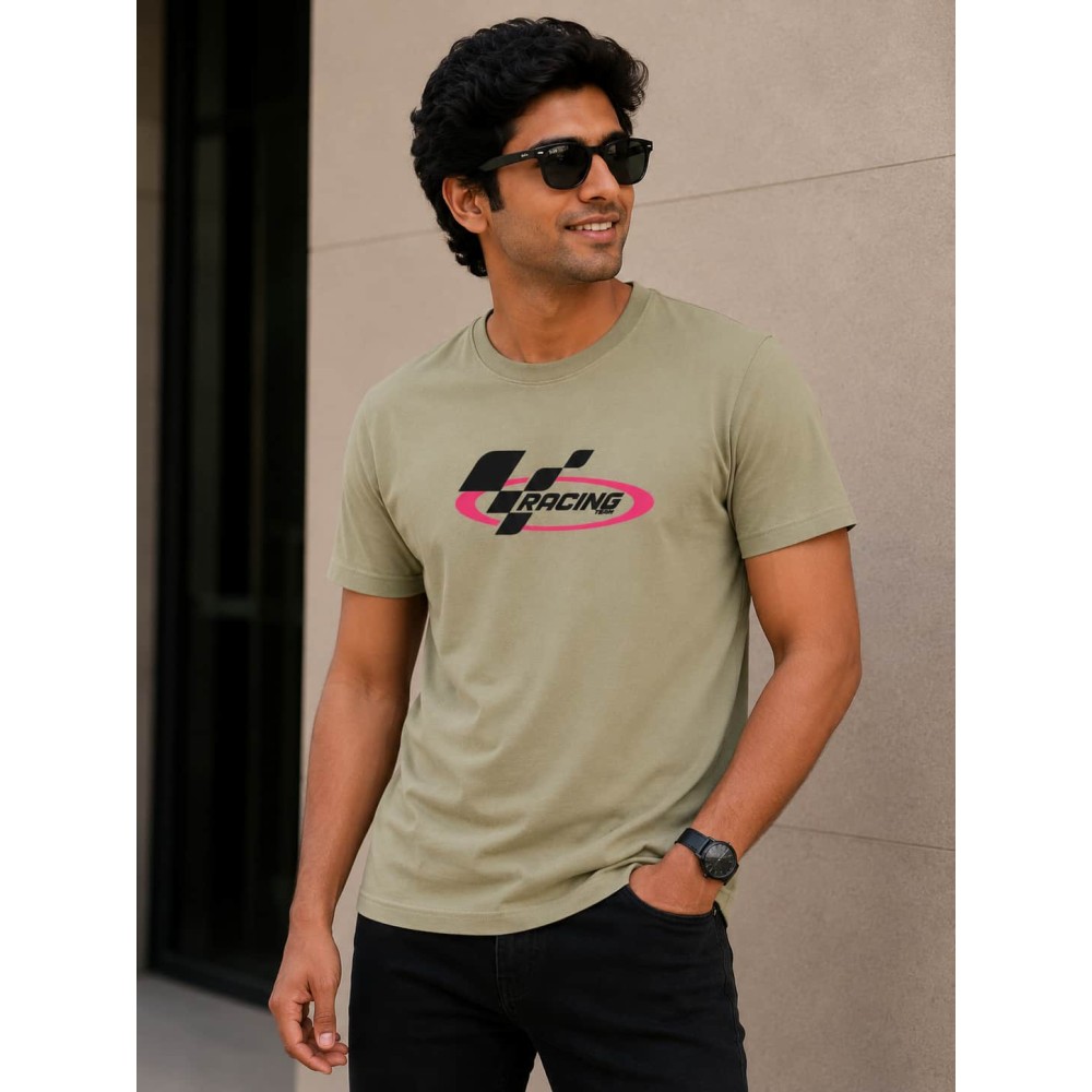 Racing Team Graphic Print Slim Fit T-Shirt – Olive Green