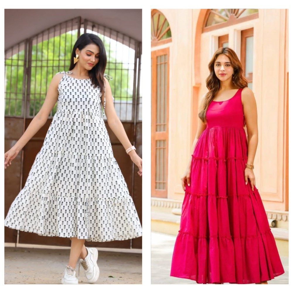 Summer Blossom Duo Combo - Block Print Maxi + Solid Tiered Gown