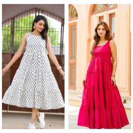 Summer Blossom Duo Combo - Block Print Maxi + Solid Tiered Gown