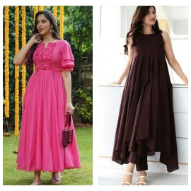 Festive Elegance Duo Combo - Pink Ruffle Anarkali +  Brown Asymmetric Dress