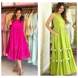 Bloom & Breeze Duo Combo - Pink Schiffli Midi +  Lime Green Pom-Pom Maxi Dress