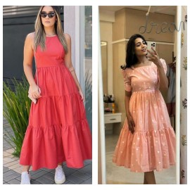 Sweet Hearts Duo Combo - Coral Tiered Maxi +  Peach Heart Print Midi Dress