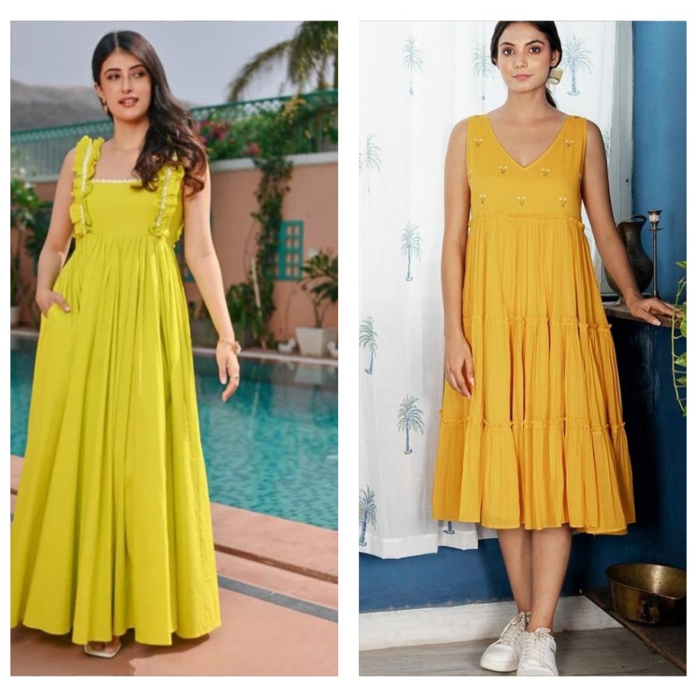 Sunshine Duo Combo - Lime Ruffle Maxi +  Mustard Embellished Tiered Midi Dress
