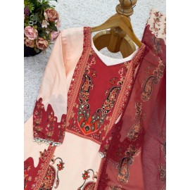 French Crepe Silk Top-Bottom & Dupatta Set 