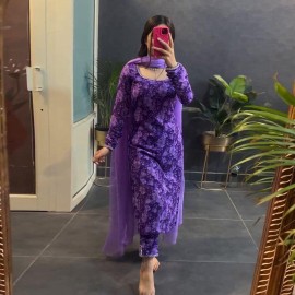 Purple Floral Printed Straight Kurta Set with Dupatta