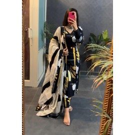 Black & Yellow Geometric Print Kurta Set with Dupatta