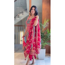 Mirror Work Maslin Kurti Set with Dupatta | Digital Print |