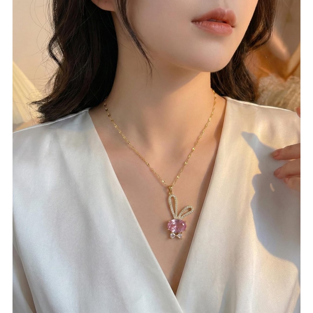 Pink Crystal Bunny Pendant Necklace