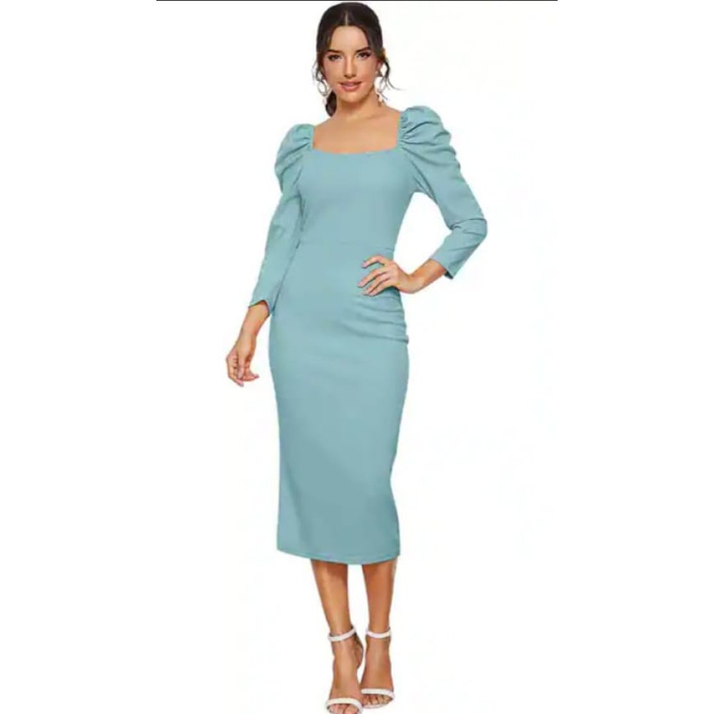 Light Blue Square Neck Puff Sleeve Bodycon Midi Dress