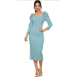 Light Blue Square Neck Puff Sleeve Bodycon Midi Dress