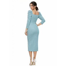 Light Blue Square Neck Puff Sleeve Bodycon Midi Dress