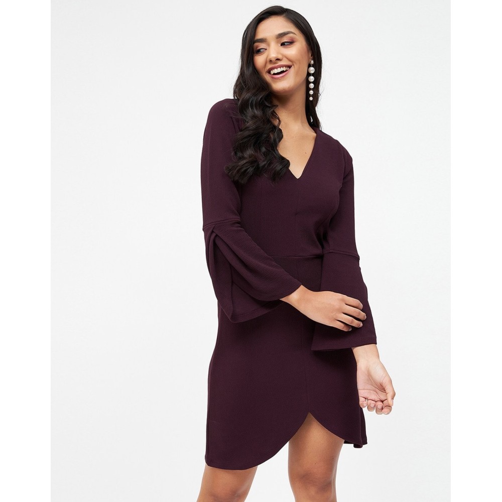 KIBO Casual Women's Solid Polyester Sheath Mini Dress - Maroon/Wine