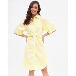 Kibo Casual Women's Multi Cotton Stripes Collar Neck Shirt Dress - Yellow/White