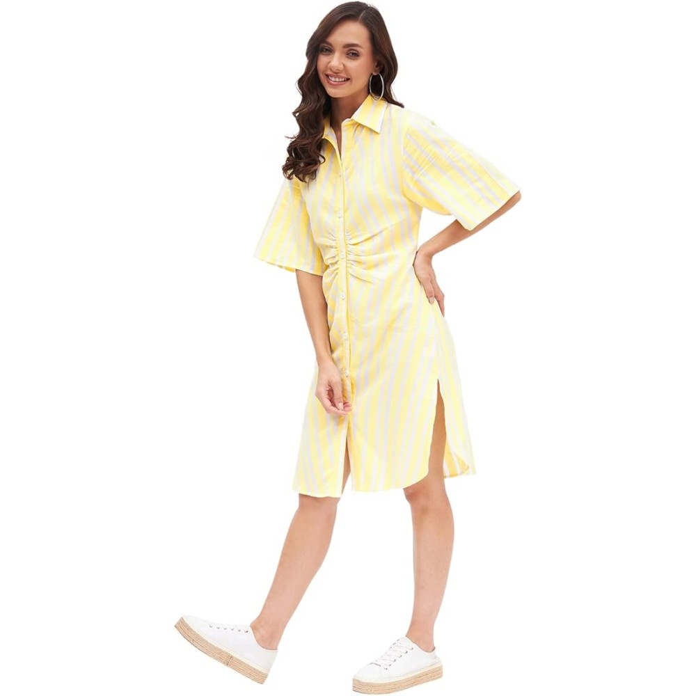 Kibo Casual Women's Multi Cotton Stripes Collar Neck Shirt Dress - Yellow/White