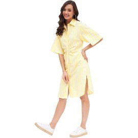 Kibo Casual Women's Multi Cotton Stripes Collar Neck Shirt Dress - Yellow/White