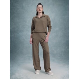 Women’s Solid Textured Co-Ord Set with Full Sleeve Top & Straight Pants