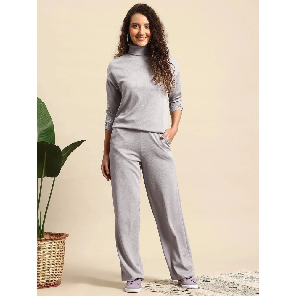 Women's 2-Piece Grey Ribbed Turtleneck Loungewear Set
