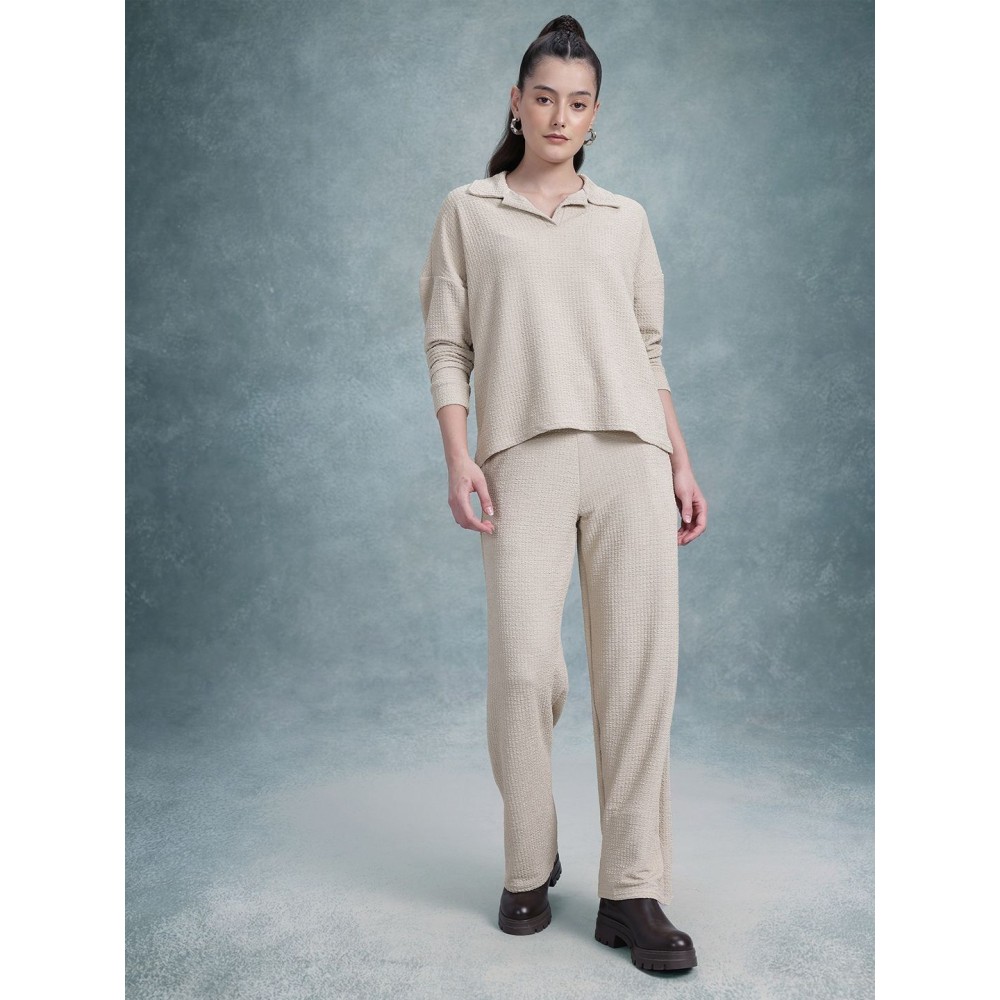 Women’s Solid Textured Co-Ord Set with Full Sleeve Top & Straight Pants