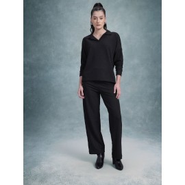 Women’s Solid Textured Co-Ord Set with Full Sleeve Top & Straight Pants