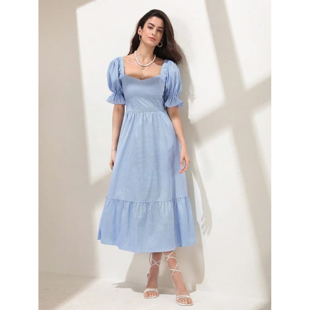 Light Blue Gingham Puff Sleeve Midi Dress
