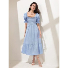 Light Blue Gingham Puff Sleeve Midi Dress