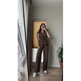 Women’s Brown Sleeveless Drawstring Top with Wide-Leg Pants Co-Ord Set