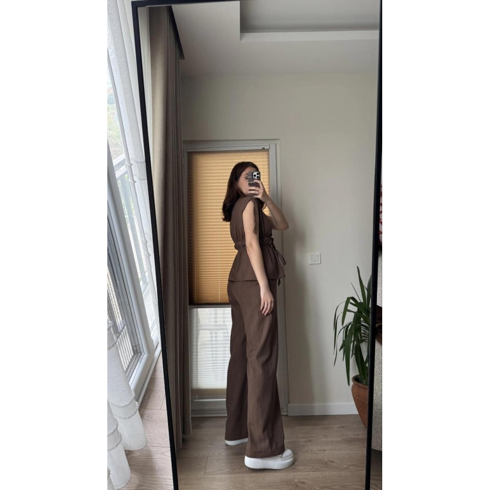 Women’s Brown Sleeveless Drawstring Top with Wide-Leg Pants Co-Ord Set