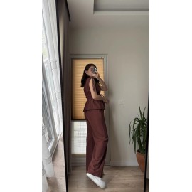Women’s Brown Sleeveless Drawstring Top with Wide-Leg Pants Co-Ord Set