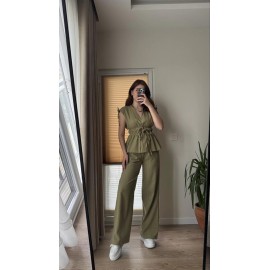 Women’s Brown Sleeveless Drawstring Top with Wide-Leg Pants Co-Ord Set