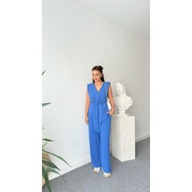 Women’s Blue Sleeveless V-Neck Tie-Waist Jumpsuit
