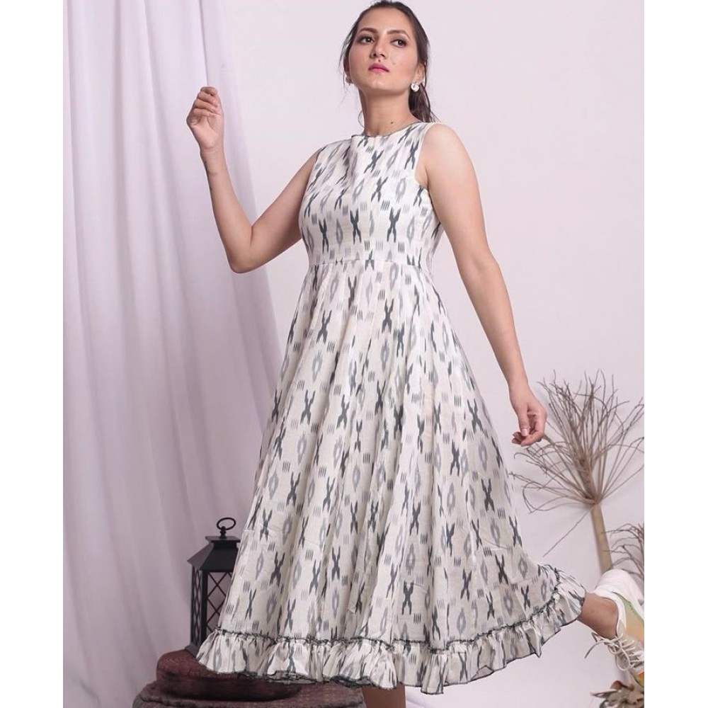 Women's Ikat Print Flared Maxi Dress with Ruffle Hem