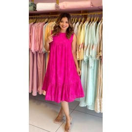 Hot Pink Schiffli Embroidered Midi Dress