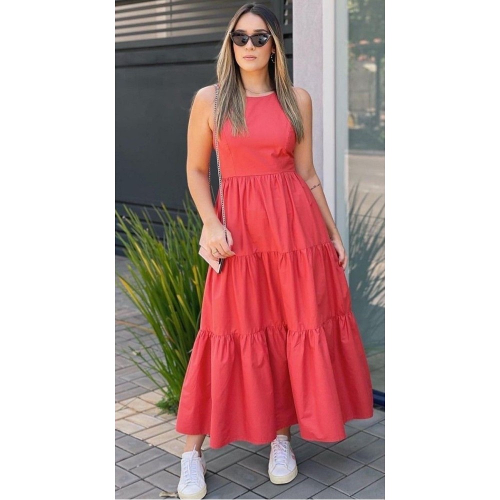 Coral Tiered Halter Neck Maxi Dress