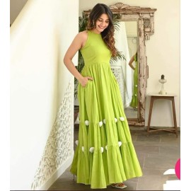 Lime Green Pom-Pom Tiered Maxi Dress