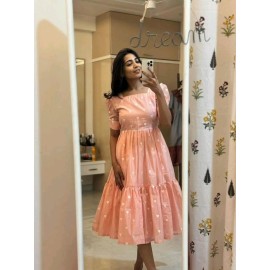 Peach Heart Print Puff Sleeve Tiered Midi Dress