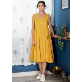 Mustard Yellow Embroidered Tiered Midi Dress