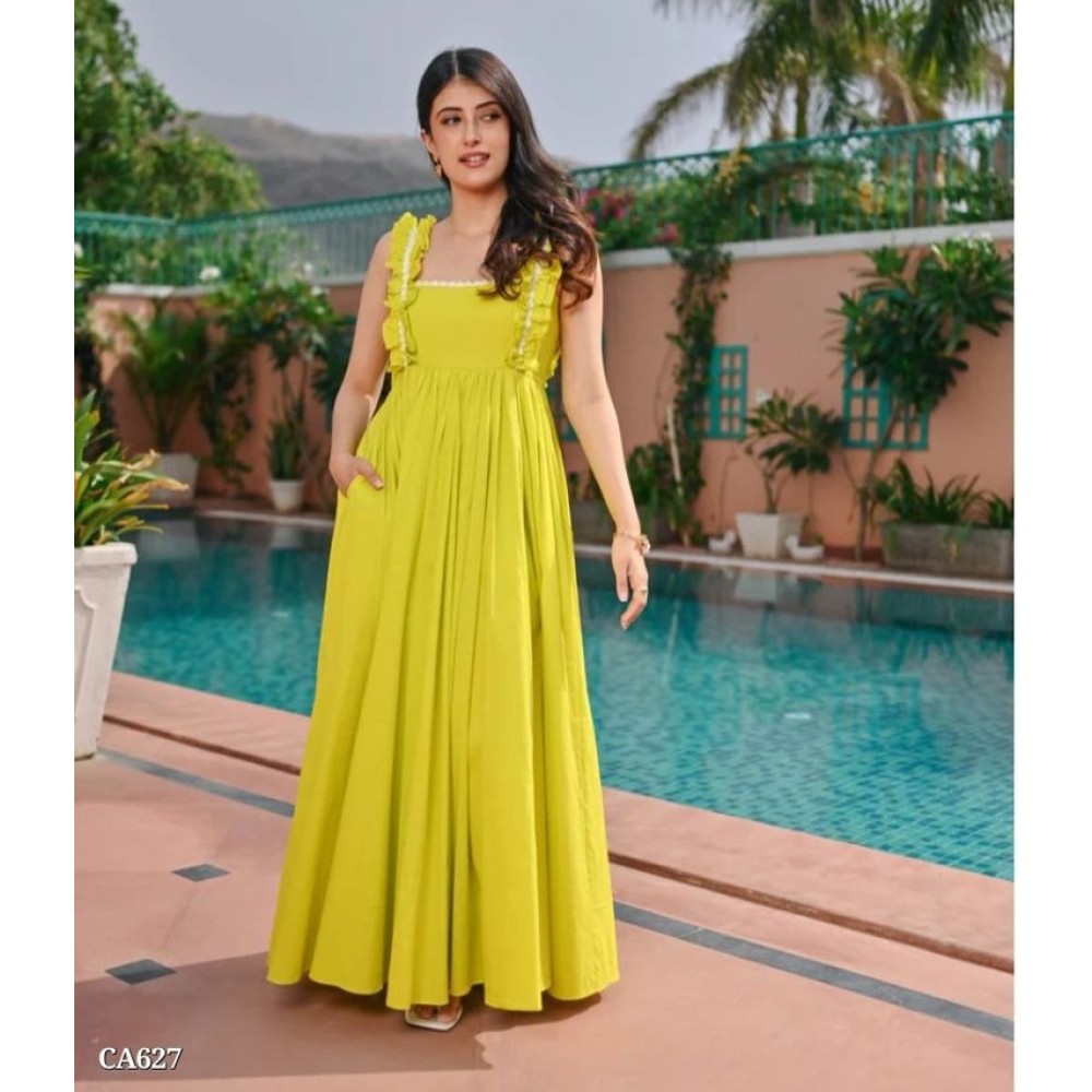 Lime Yellow Ruffle Strap Pearl Detail Maxi Dress