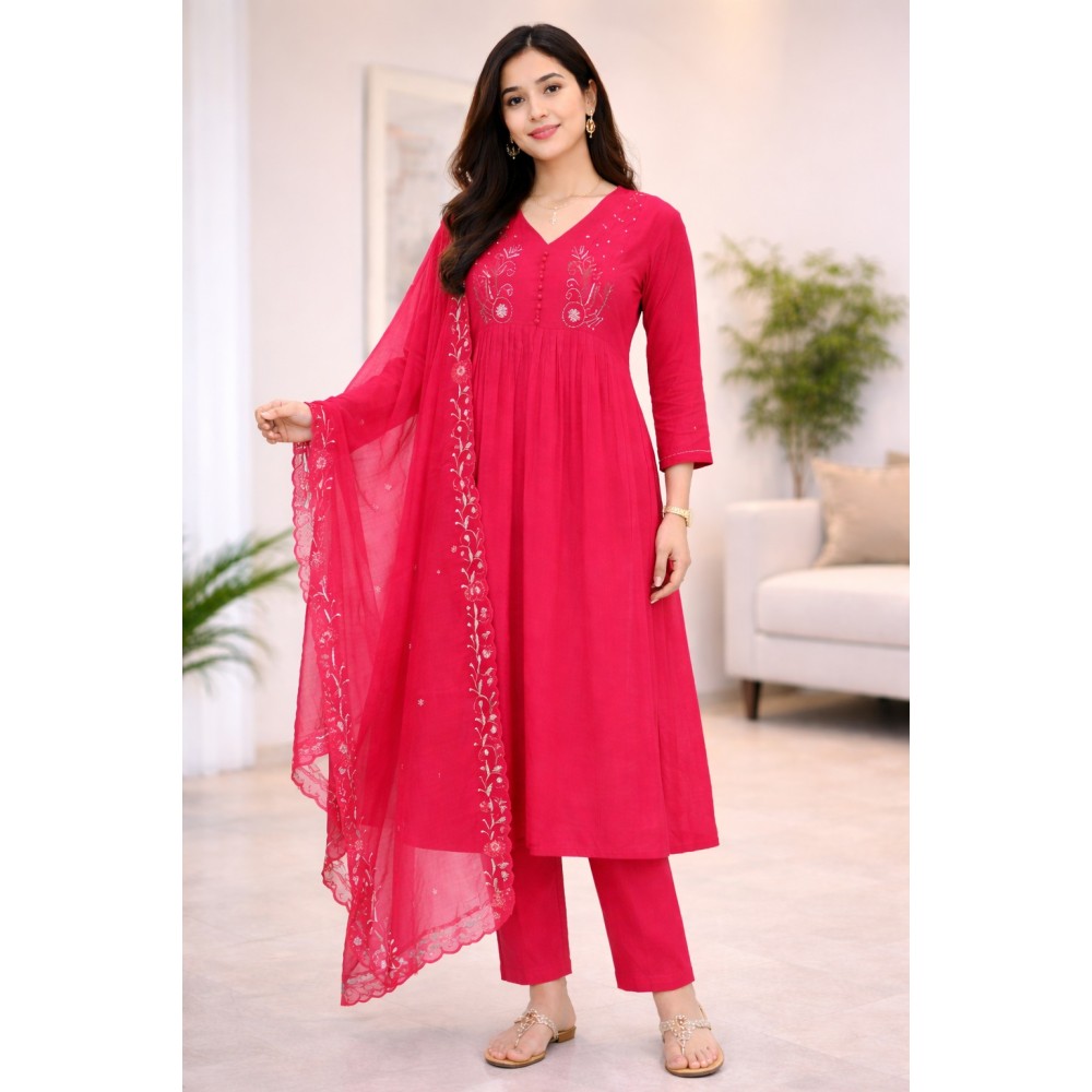 Women’s Pink Embroidered Anarkali Kurta Set with Dupatta