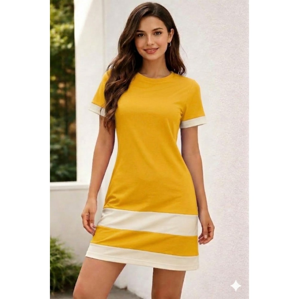 Mustard Yellow & White Color Block T-Shirt Mini Dress