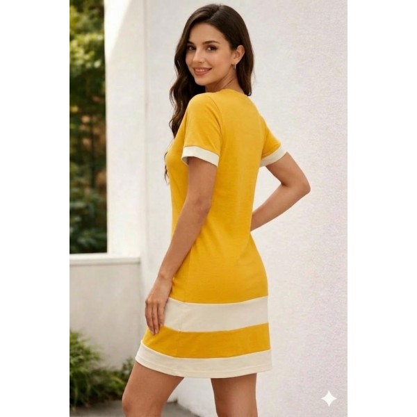 Mustard Yellow & White Color Block T-Shirt Mini Dress