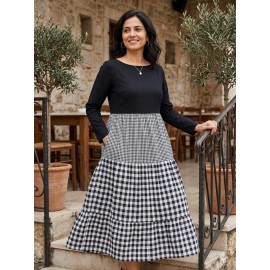 Black Top with Checkered Tiered Midi Dress for Women