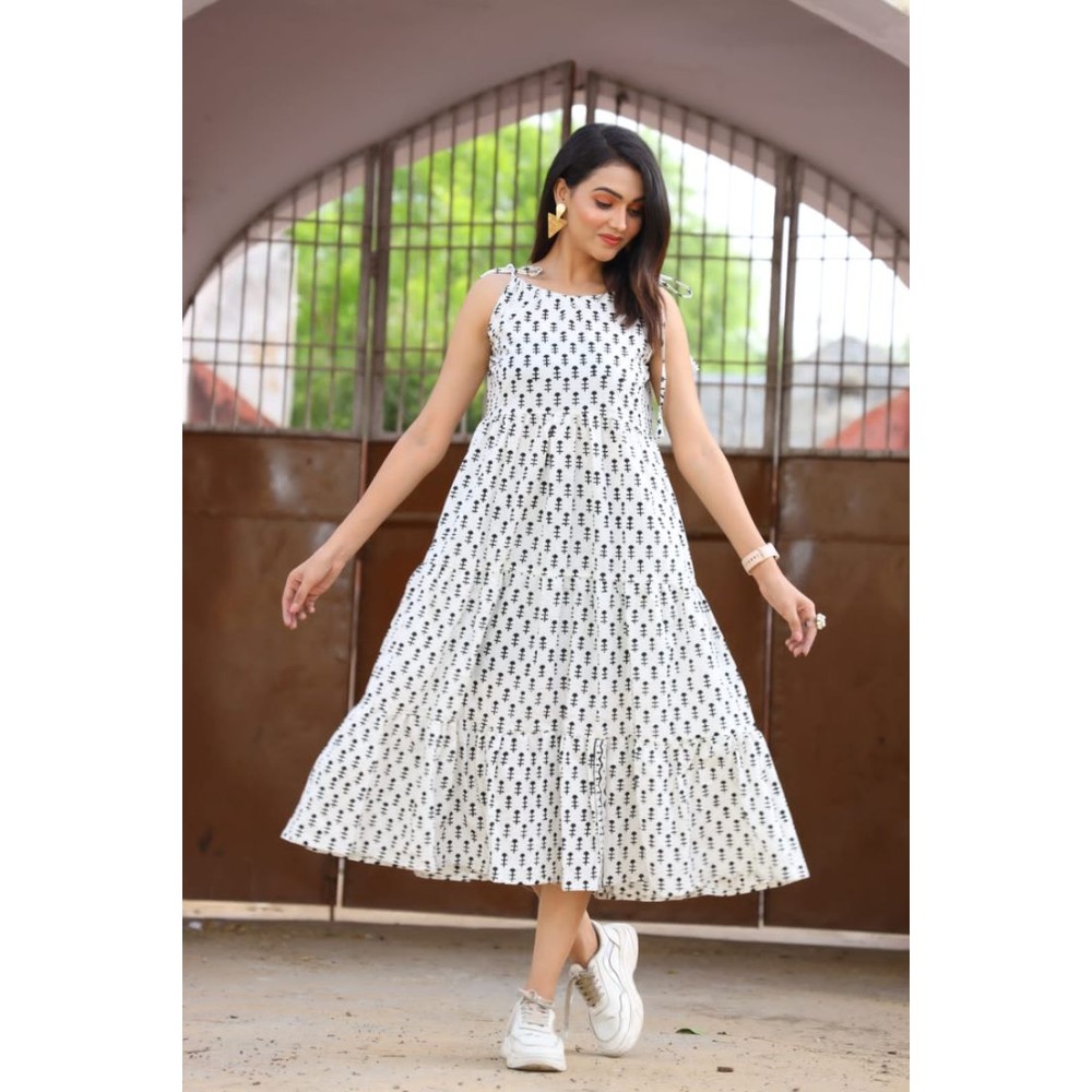 Women's White Black Block Print Tiered Midi Dress with Tie-Up Straps