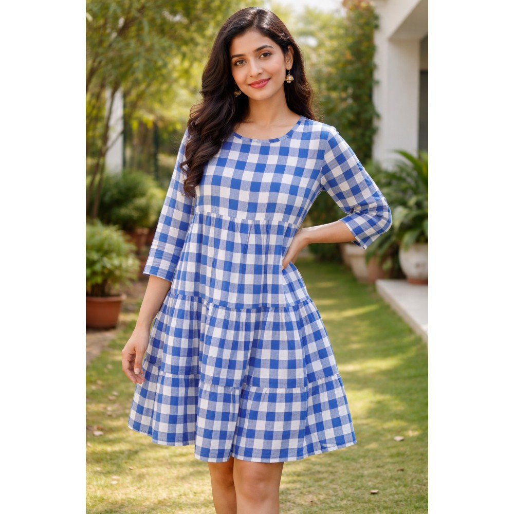 Blue Checkered Tiered A-Line Mini Dress for Women