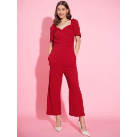 Elegant Red V-Neck Wide Leg Jumpsuit for Women